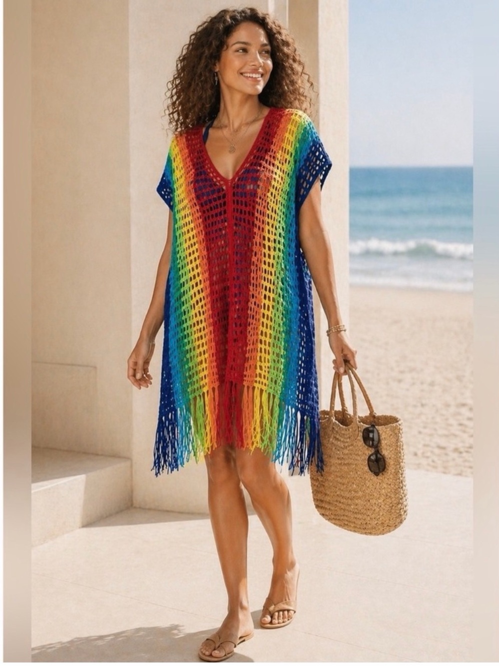 Rainbow Crochet Fringe Beach Cover-Up